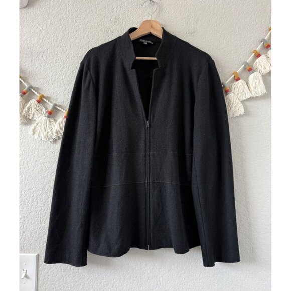 Eileen Fisher 100% Wool Knit V-Neck Zip Sweater Black Minimalist Modest Office L - Picture 1 of 10